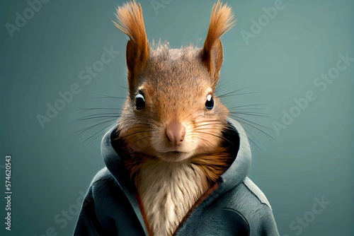 Fototapeta Naklejka Na Ścianę i Meble -  Squirrel wearing human clothing. Solid color background, studio style. Portrait photo. Generative AI.

