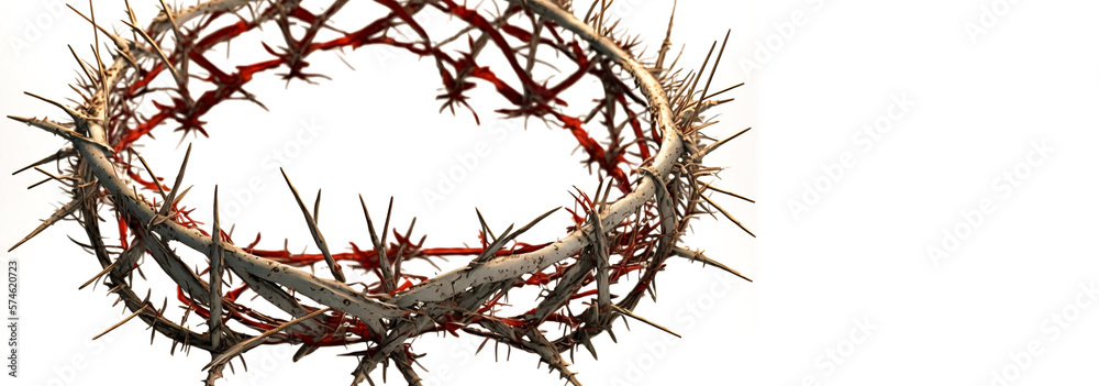 Bloody Crown of thorns worn by Jesus Christ, Easter concept, isolated on white background, Copy space, Generative AI. Bloody Crown of thorns worn by Jesus Christ, Easter concept, isolated on white background, Copy space, Generative AI.