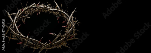 Bloody Crown of thorns worn by Jesus Christ, Easter concept, isolated on black background. Copy space, Generative AI.