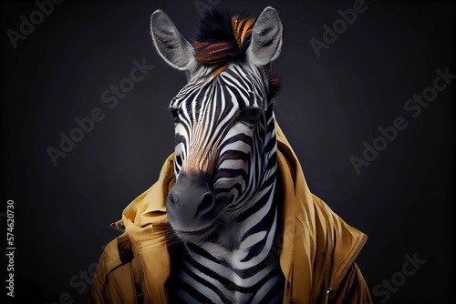 Zebra wearing human clothing. Solid color background  studio style. Portrait photo. Generative AI.