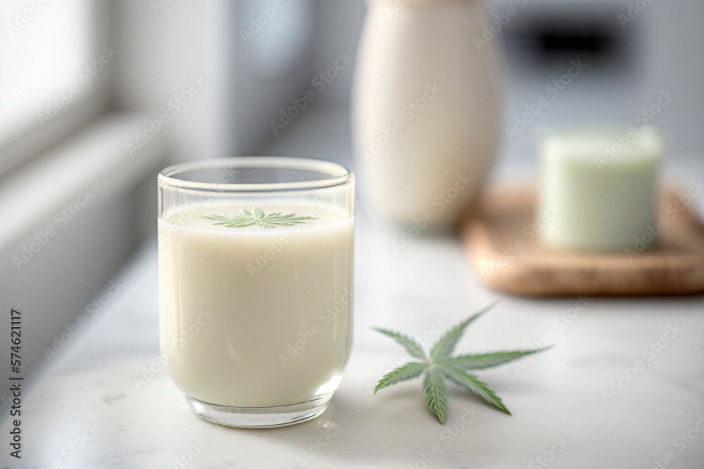 Glass with vegan hemp milk on a white table. Generative AI Glass with vegan hemp milk on a white table. Generative AI