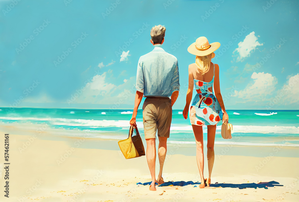 Couple in Love Looks at Sea, Vacation Beginning Concept, Sunny Summer Day, Travel, Generative AI Illustration