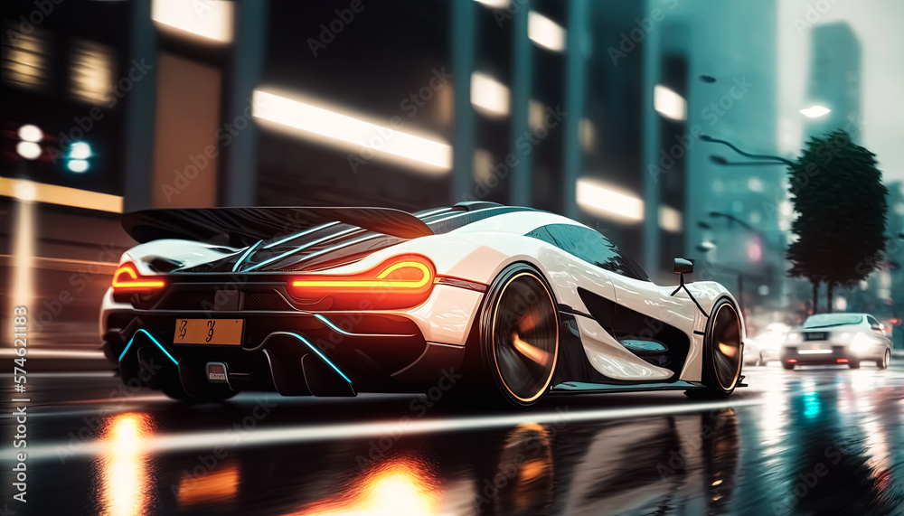 Generative AI illustration of a Luxury Sport Car Racing Through City Streets at night, futuristic car drive fast Generative AI illustration of a Luxury Sport Car Racing Through City Streets at night, futuristic car drive fast