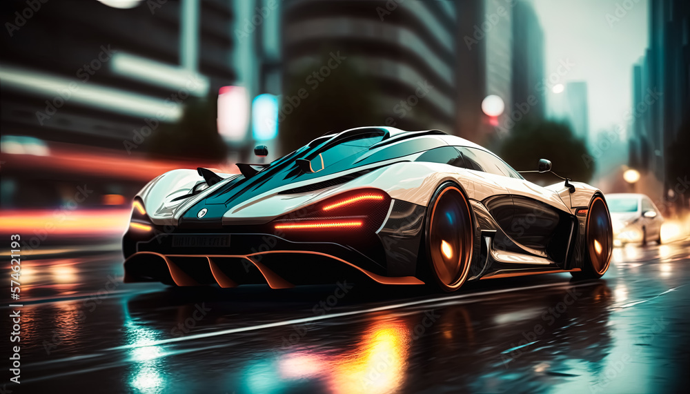 Generative AI illustration of a Luxury Sport Car Racing Through City Streets at night, futuristic car drive fast