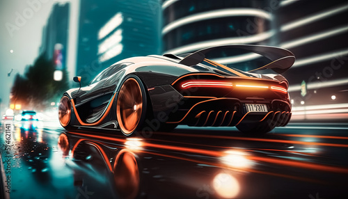 Generative AI illustration of a Luxury Sport Car Racing Through City Streets at night, futuristic car drive fast