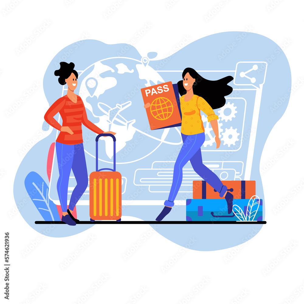 Travel blue concept with people scene in the flat cartoon style. Two friends decide in which country they will spend their vacation. Travel blue concept with people scene in the flat cartoon style. Two friends decide in which country they will spend their vacation.