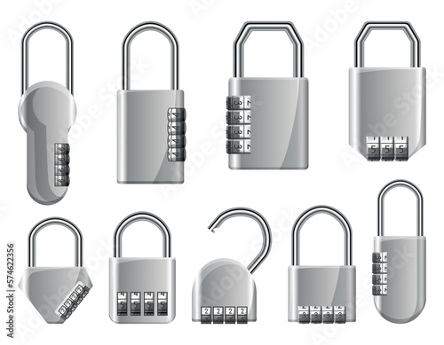 Code padlocks. Locks with combination password code. Different type of safety symbols. Privacy number password entry. Safeguard and protection concept photo