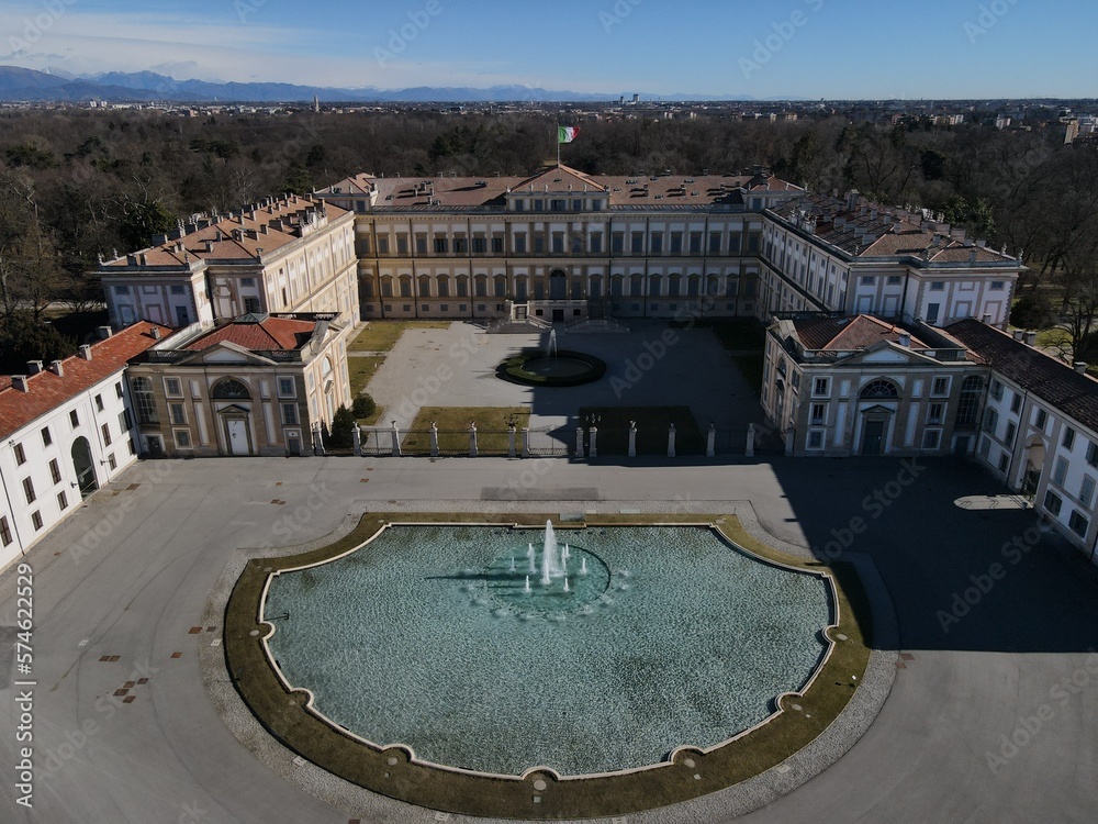 Aerial view of facade of the elegant Villa Reale in Monza, Lombardy