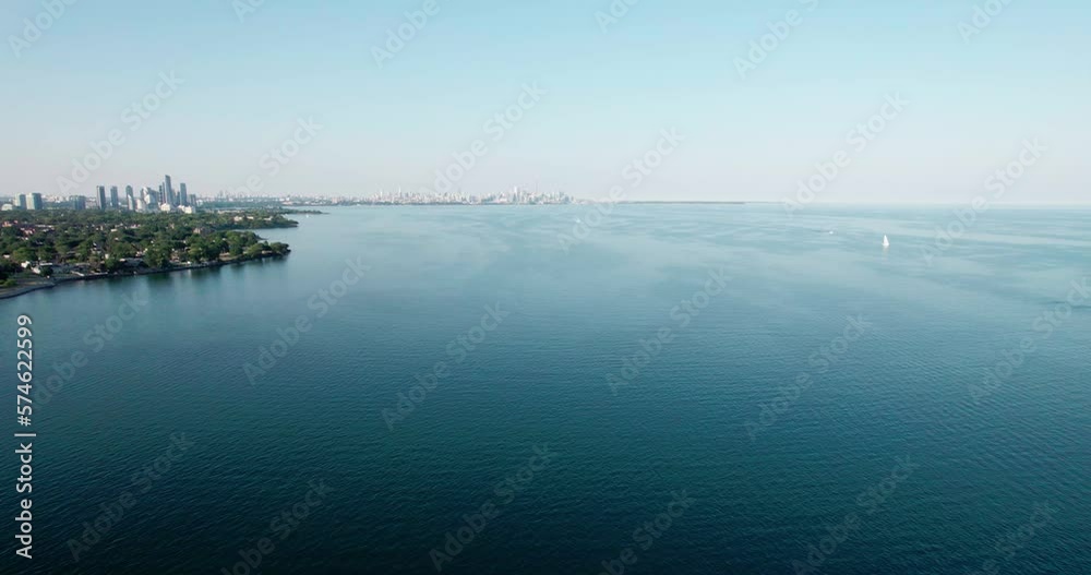 Wide Angle View of Lake Ontario Flying Towards Toronto Skyline