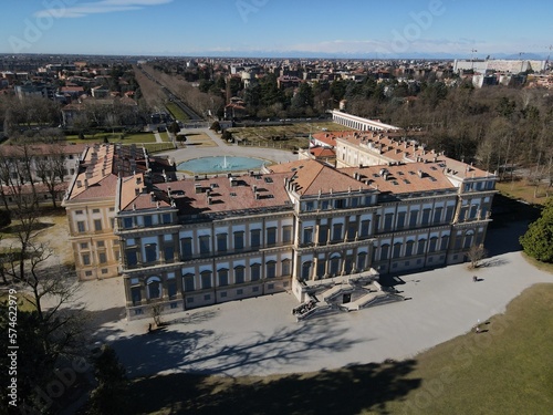 Aerial view of facade of the elegant Villa Reale in Monza, Lombardy, north Italy. Birds eye of the beautiful Royal Palace of Monza. Drone photography in Lombardia. photo