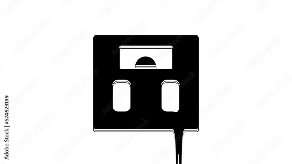 Black Bathroom scales icon isolated on white background. Weight measure Equipment. Weight Scale fitness sport concept. 4K Video motion graphic animation