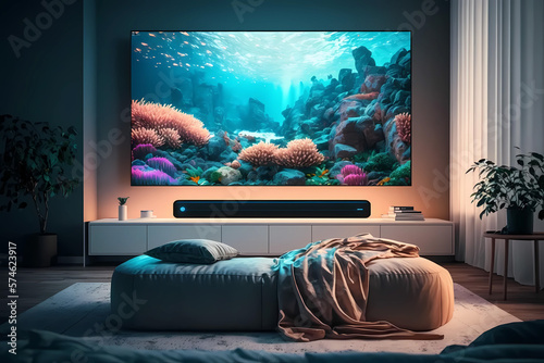 Elegant living room with big tv. Interior design. Generative ai.