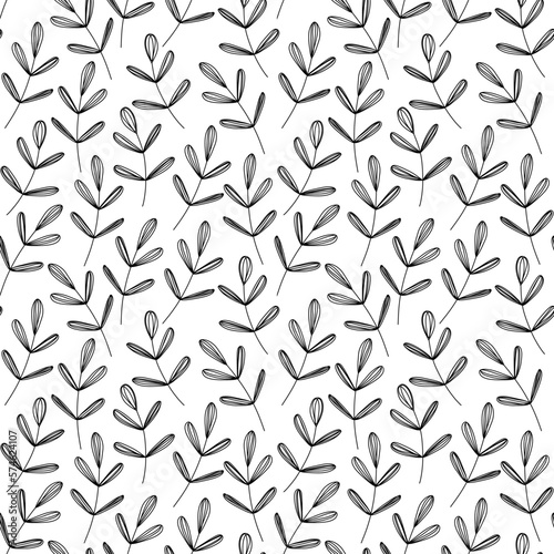 Vector seamless doodle floral pattern. Simple leaves on branches in monochrome colors on a white background