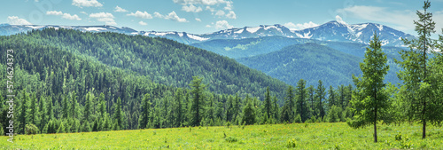 Summer mountain landscape, greenery of meadows and forests and snow on the peaks, sunny day, panoramic view