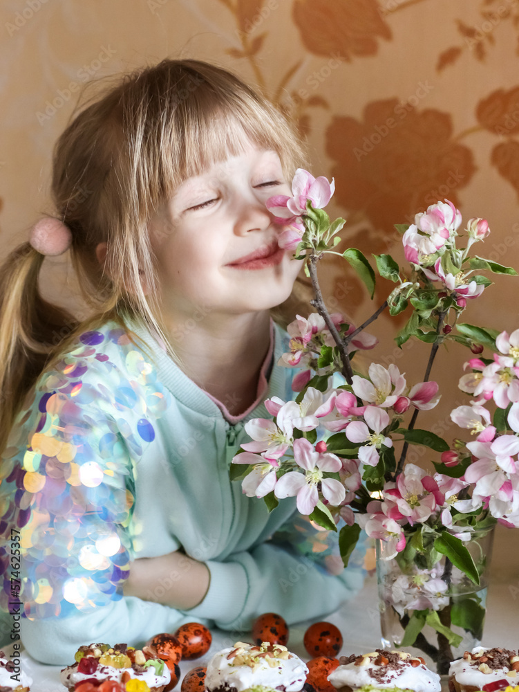 Enjoy Easter concept. Happy child with Easter eggs and flowers Enjoy Easter concept. Happy child with Easter eggs and flowers