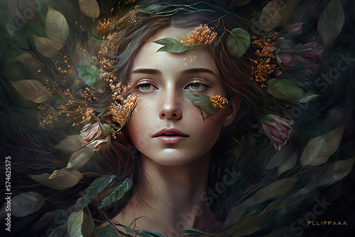 Beautiful woman portrait with flowers in the hair. Dark background. Valentine's Day. Spring concept. Illustration girl. Generative AI.