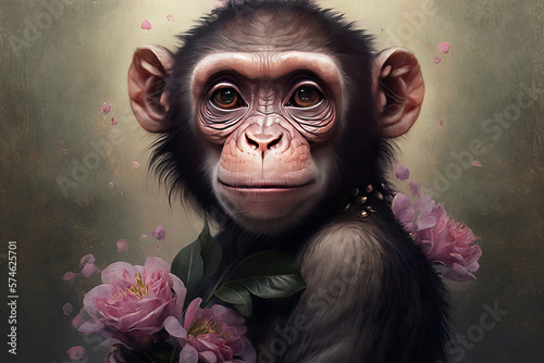 Portrait of a cute baby female monkey with pink roses. Tender image. Dark background. Generative AI
