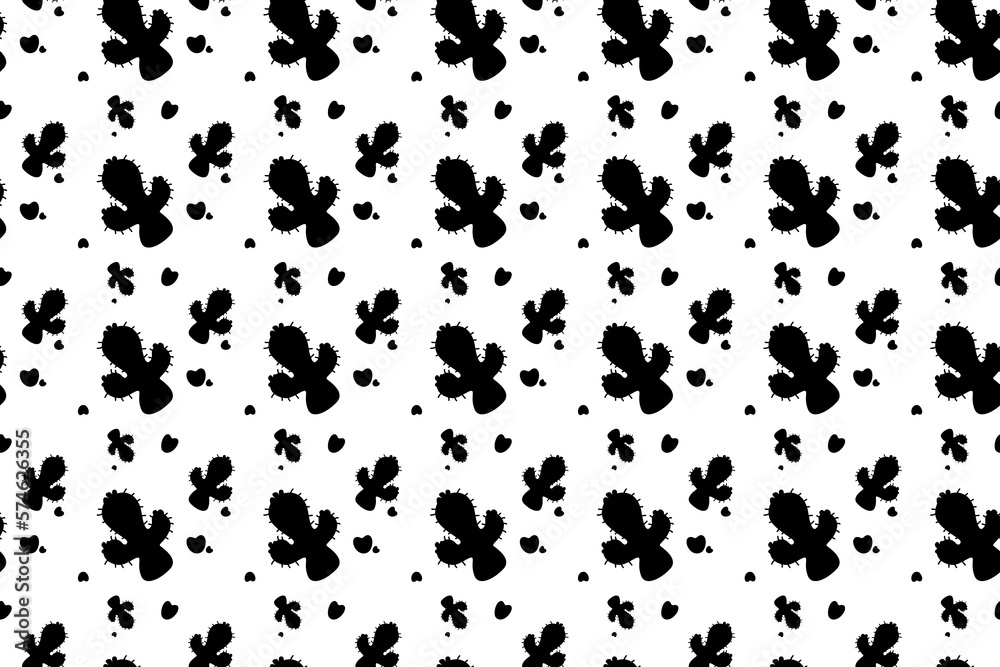 Vector illustration of a seamless pattern of black cute, modern cacti, black on a white background. Hearts. Different hearts and cactuses, for textile printing, web design, social networks. 