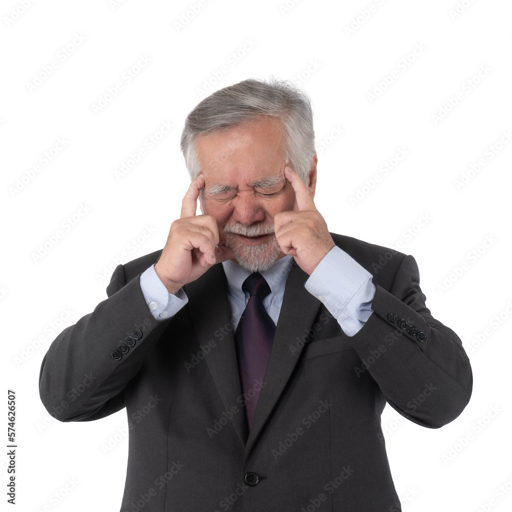 Asian senior businessman , old man headache hands on forehead , stressed from work on white background with copy space - medical and healthcare concept Asian senior businessman , old man headache hands on forehead , stressed from work on white background with copy space - medical and healthcare concept