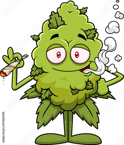 Marijuana Bud Cartoon Character Smoking A Joint. Vector Hand Drawn Illustration Isolated On Transparent Background