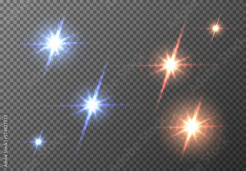 Vector red blue sun lens flare transparent background special light effect. Abstract blur glow glare design. Star rays spotlight. Electric lightning bolt sparks. Hot and cold isolated sparkling burst