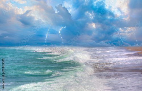 Lightnings in dark stormy sky over the strong waving sea