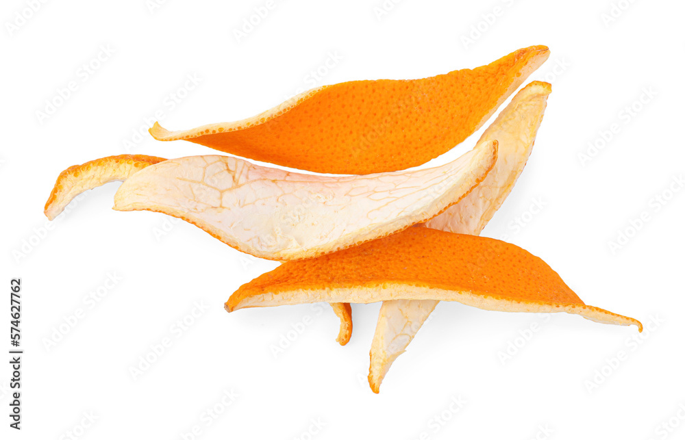 Fototapeta premium Dry orange peels isolated on white, top view