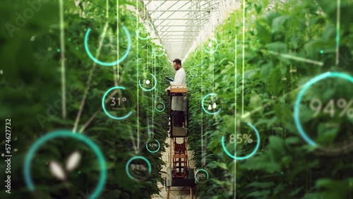 Professional Male Bioengineer Checking Progress of Crops Growing On Modern Vertical Farm. Man With Tablet Computer Cultivates Organic Food Or Plants In High-Tech Greenhouse. VFX Infographics Animation