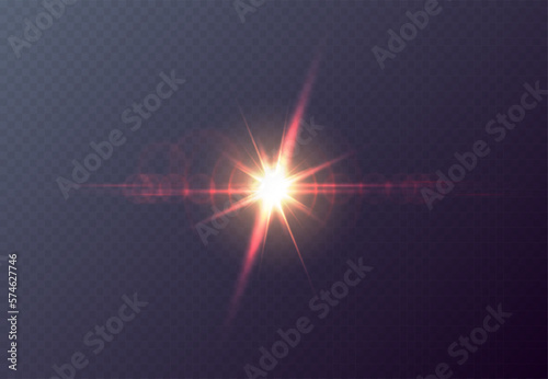 Vector red front sun lens flare transparent special light effect. Abstract in motion flare blur glow glare. Isolated transparent background design element. Star flash with rays and spotlight