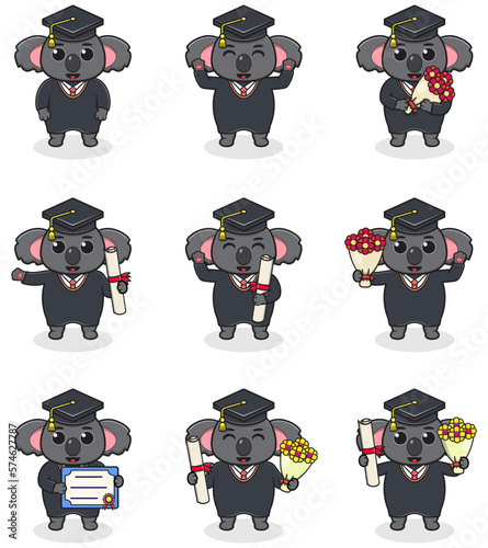 Cute cartoon Koala in graduate hat on white background. Vector Set of Cute Graduation Themed Koala. Illustration symbol mascot character animal. Design flat cartoon.