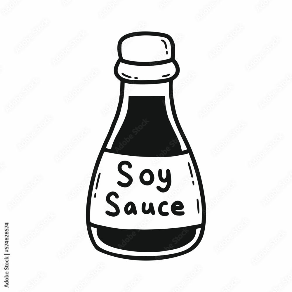 Bottle of soy sauce. Seasoning for dish. Vector doodle illustration. Food products. Bottle of soy sauce. Seasoning for dish. Vector doodle illustration. Food products.