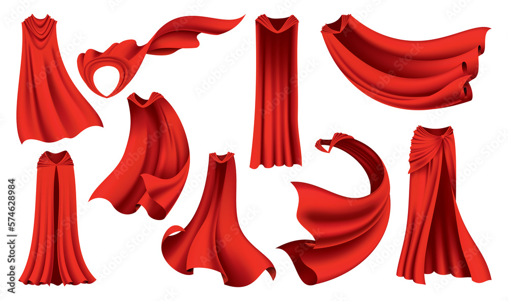 Superhero red cape in different positions, front and side view. Scarlet ...