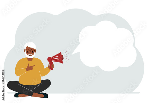 A man with a mouthpiece in his hand sits cross-legged. From loudspeaker bubbles to accommodate text.
