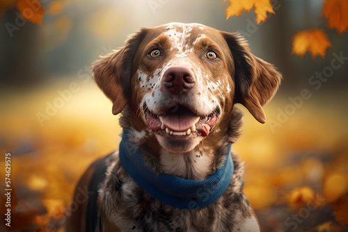 A dog with disability smiling to the camera under pine trees in autumn, Generative AI