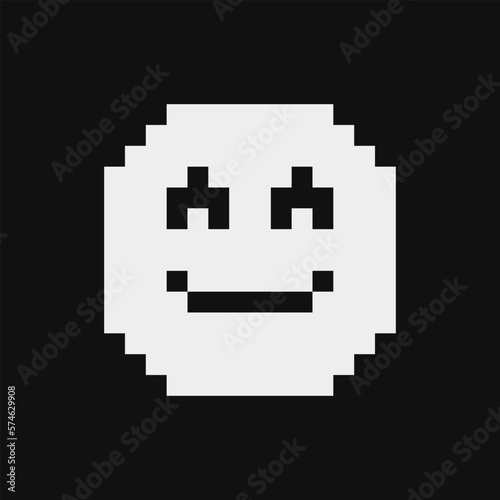 Smiling face with smiling eyes emoji, emoticon, smiley. Pixel art style. Funny cartoon character. Web icon. Facial expression. 1-bit style. Isolated abstract vector.