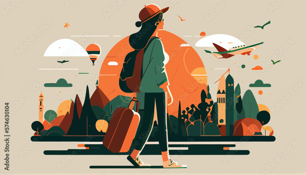 custom made wallpaper toronto digitalAdventure travel flat vector illustration of woman with baggage 
