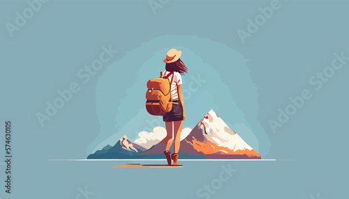 Adventure travel flat vector illustration of woman with baggage 