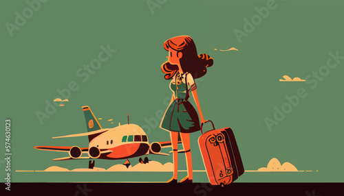 Adventure travel flat vector illustration of woman with baggage 