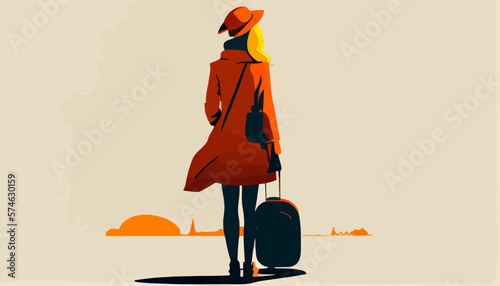 Adventure travel flat vector illustration of woman with baggage 