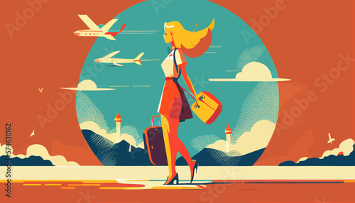 Adventure travel flat vector illustration of woman with baggage 