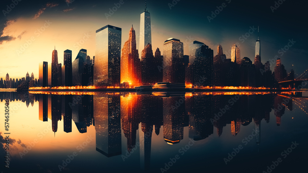 City panorama at sunrise with reflections