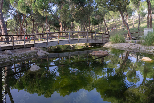 Lake with reflections of the trees and the sky in a park very close to Madrid city. Spain