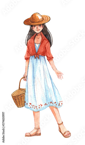 Watercolor illustration of a woman in a white summer dress and a straw hat with a picnic basket.