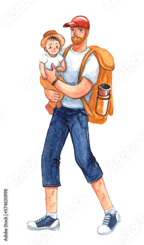 Watercolor illustration of a man in a red baseball cap with a tourist backpack and a child in his arms. Father and son on a walk.