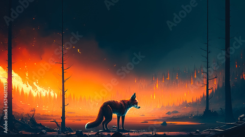 A fox quickly stops to watch the destruction of it s habitat caused by a forest fire before escaping
