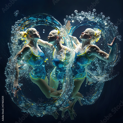 Dynamic action of a girls doing synchronized swimming. Abstract colorful background in fluorescent style about the sport of synchronized swimming. Ai generated art