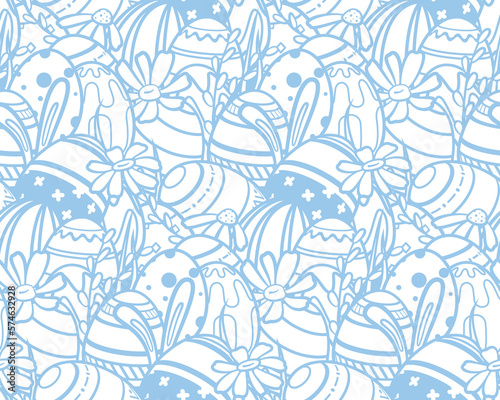 Vector seamless blue pattern with decorated eggs, bunny’s ears, chamomiles, willow and grass. Easter holiday background with hand drawn doodle eggs for paper for scrapbooking, gift wrap, wallpapers.