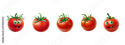 Collection of tomatoes. Cartoon Tomato with eyes and mouth. Whole tomatoes on a white background. Vector cartoon illustration. Vector flat illustration. Fresh red Vegetable, vegan Healthy organic food