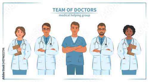 Set of doctors, nurses and paramedics. Medical helping group. Portraits of male and female medical. Vector illustration.