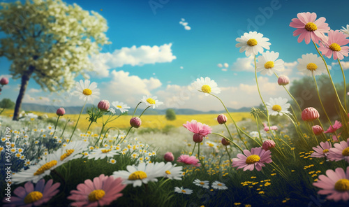 Meadow with lots of white and pink spring daisy flowers and yellow dandelions in sunny day